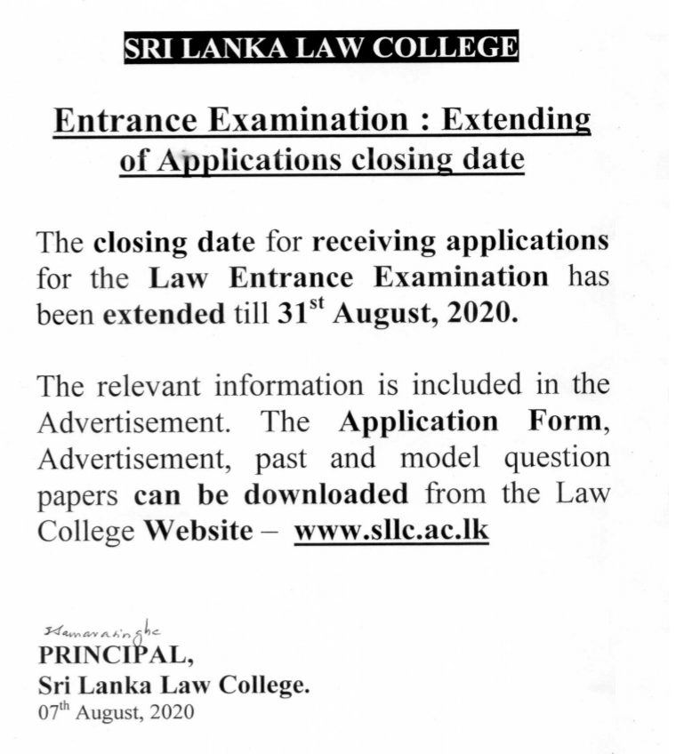 Sri lanka Law College Application date extended
